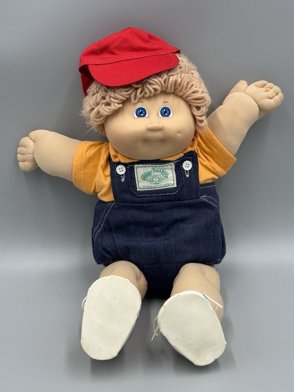 Vintage Coleco Cabbage Patch Doll Blonde Blue Eyes Overalls Red Hat